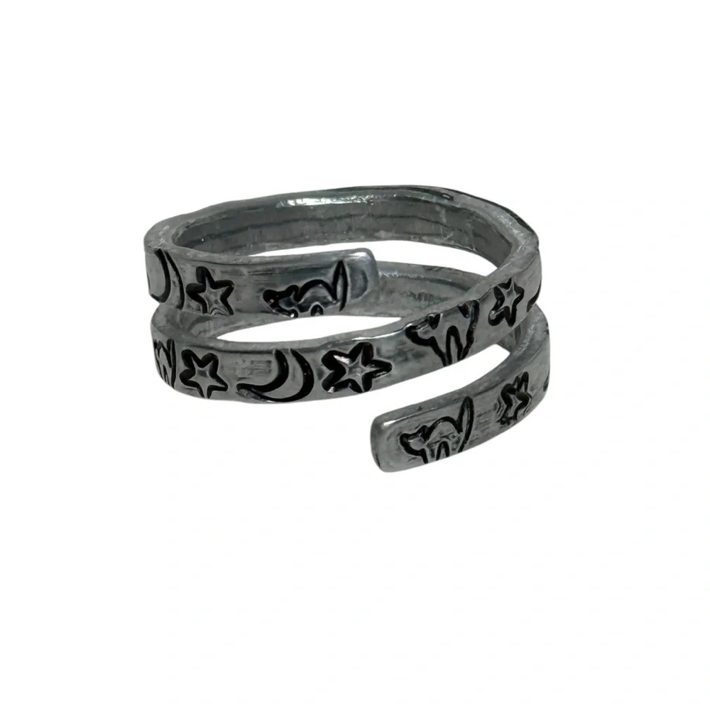 Handmade stamped witch core celestial black‎ cat silver adjustable wrap ring